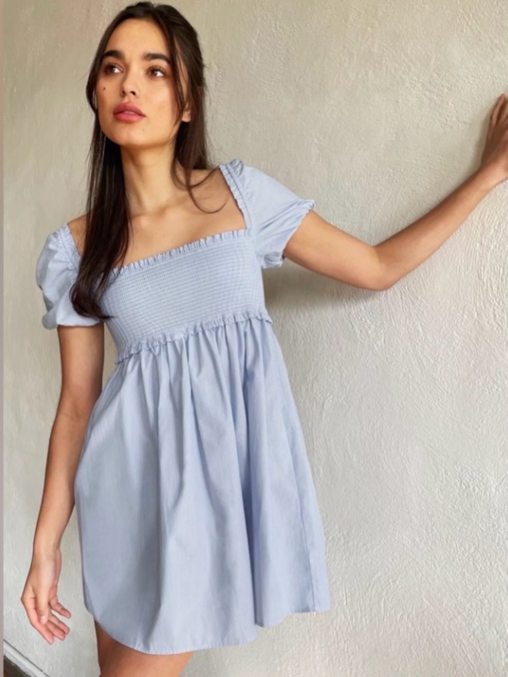 Aritzia Light Blue Smocked Square-Neck Mini Dress